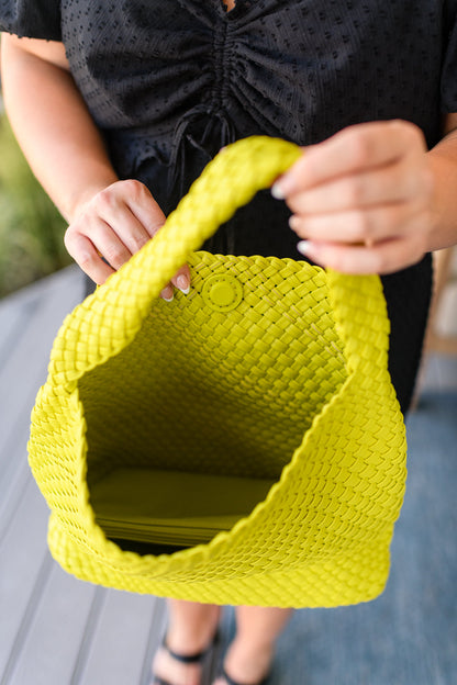 Women's tote bag purse in vibrant citron color with a basket weave pattern, made of PU vegan leather. Includes a matching zippered clutch and features a magnetic closure.