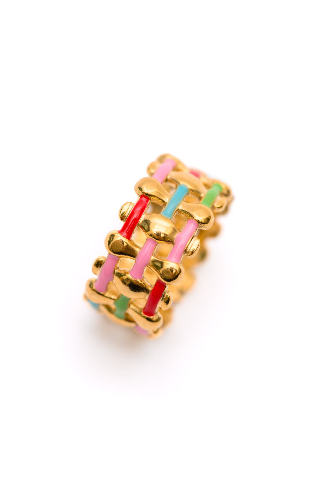 Woven in Color Ring featuring a multi-color design, made with hypoallergenic 18K gold-plated stainless steel.