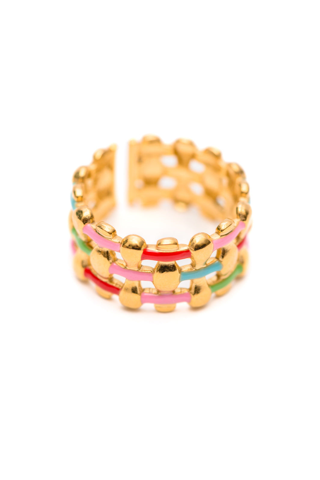 Woven in Color Ring featuring a multi-color design, made with hypoallergenic 18K gold-plated stainless steel.