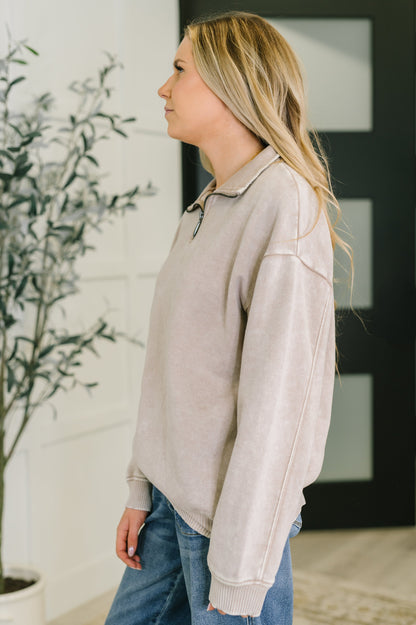 Side view of Sutton Half Zip Pullover in Ash Mocha with ribbed cuffs