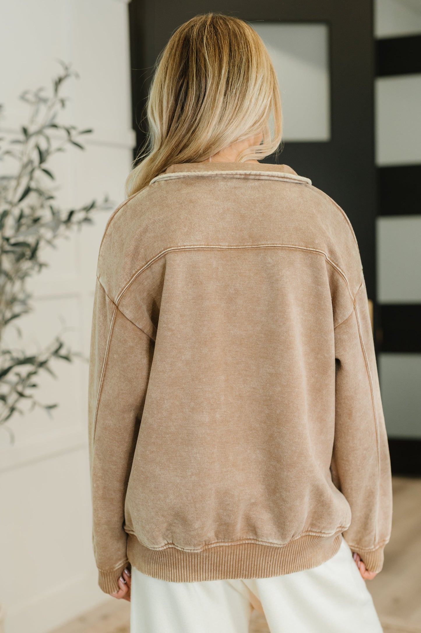 Back view of Sutton Half Zip Pullover in Deep Camel