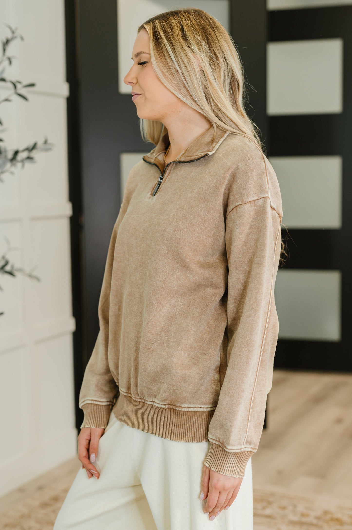 Side view of Sutton Half Zip Pullover in Deep Camel with ribbed cuffs