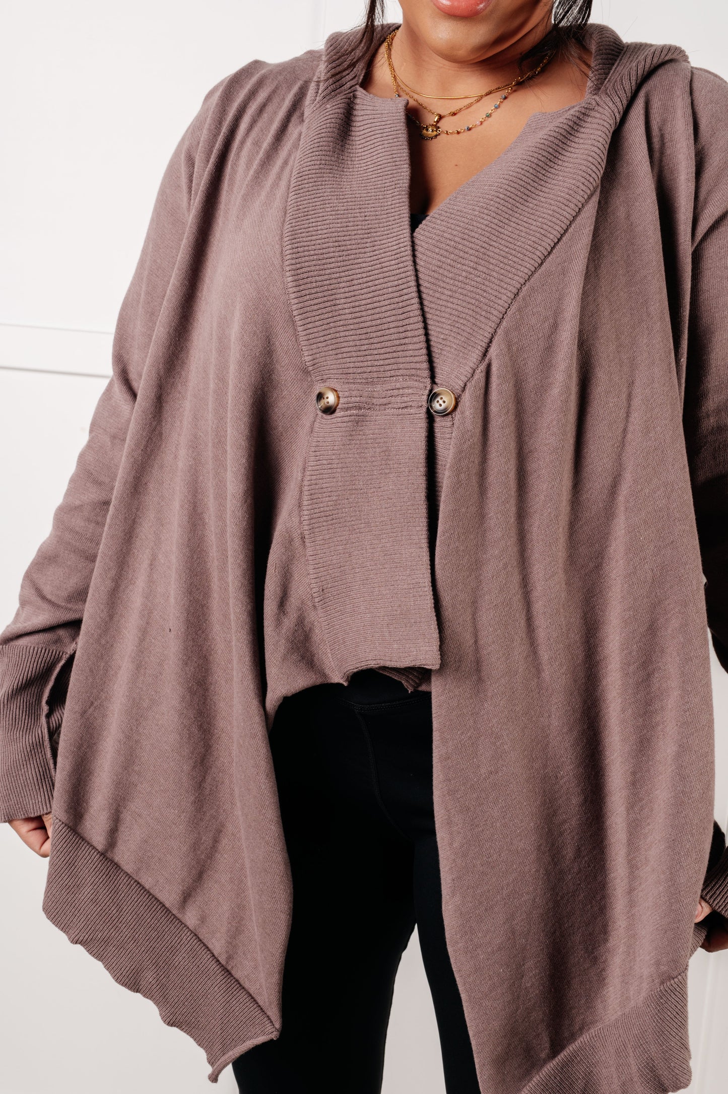 Front close-up of mocha Lucy Hooded Cardigan highlighting ribbed knit accents and exposed seams