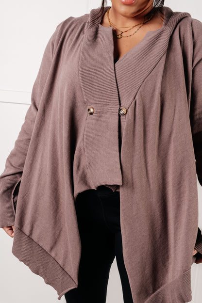 Front close-up of mocha Lucy Hooded Cardigan highlighting ribbed knit accents and exposed seams
