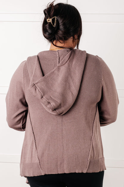 Plus size back view of mocha Lucy Hooded Cardigan with hooded collar and exposed seam details