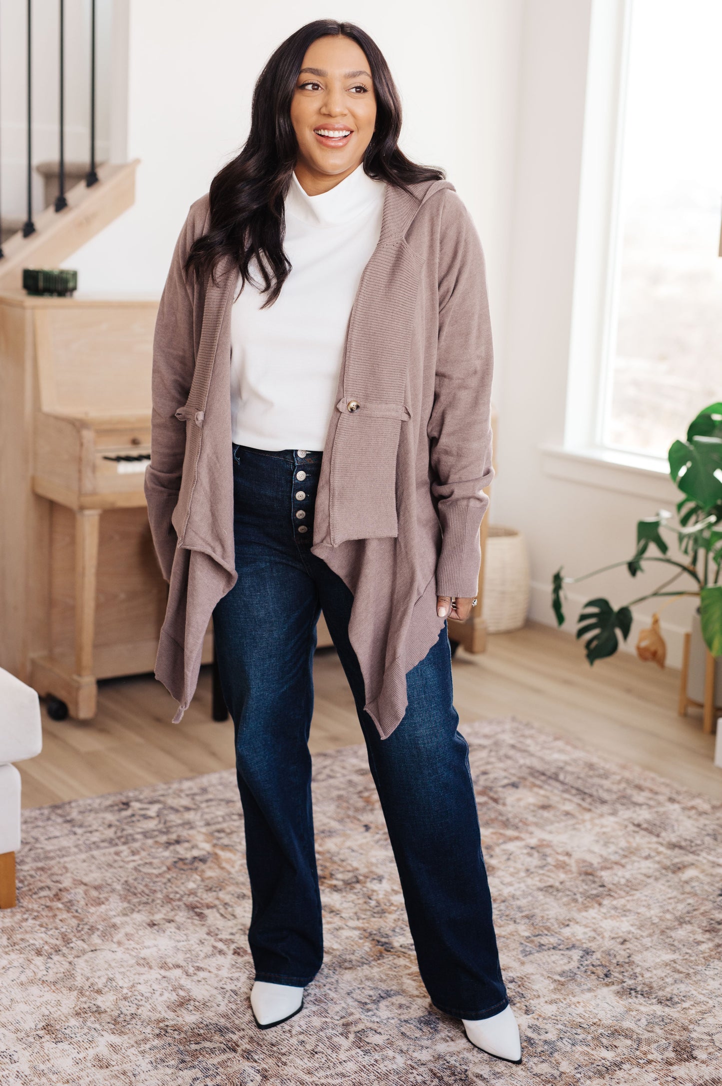 Plus size full body view of mocha Lucy Hooded Cardigan with ribbed accents and flowing waterfall hem