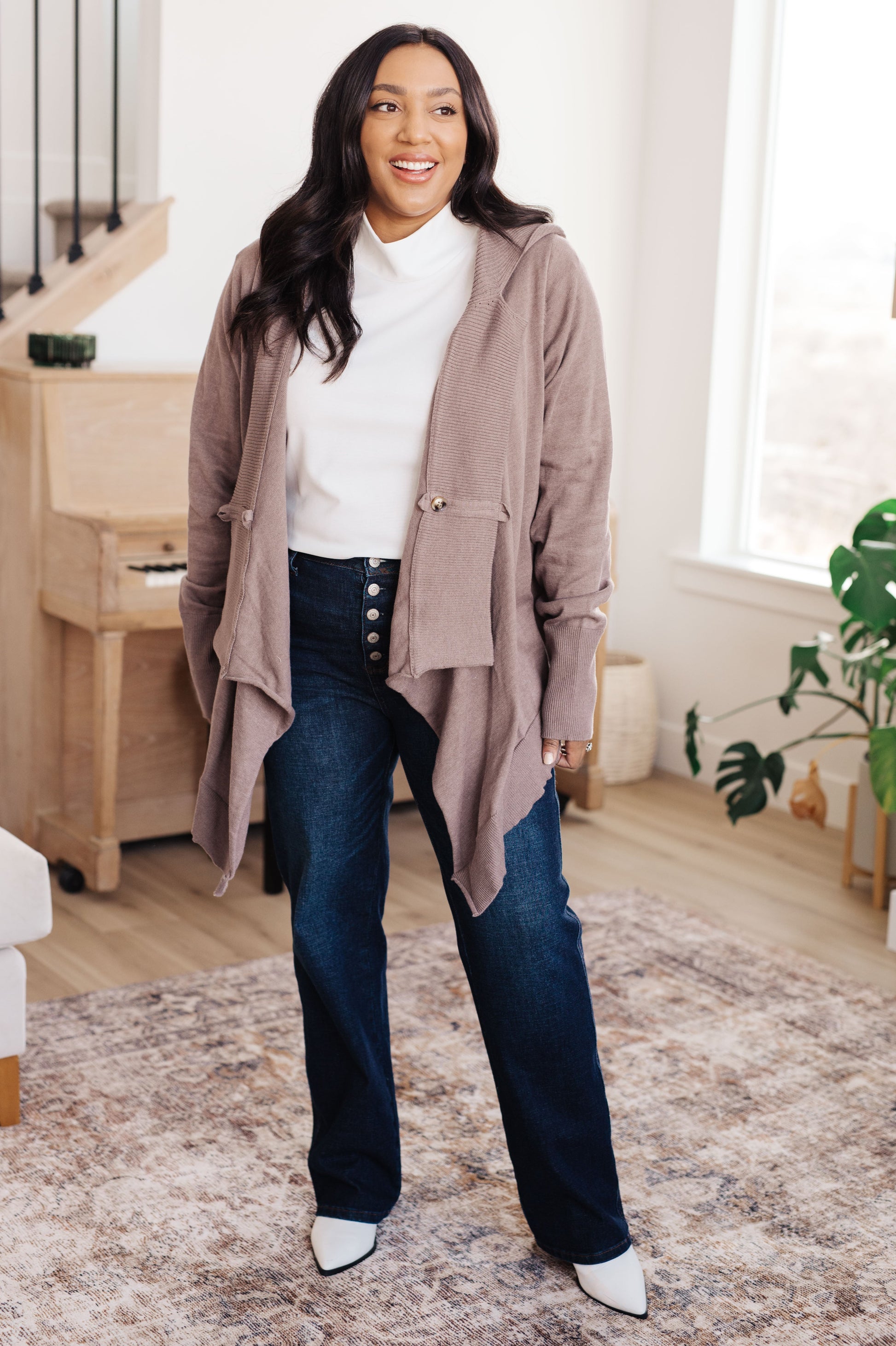 Plus size full body view of mocha Lucy Hooded Cardigan with ribbed accents and flowing waterfall hem