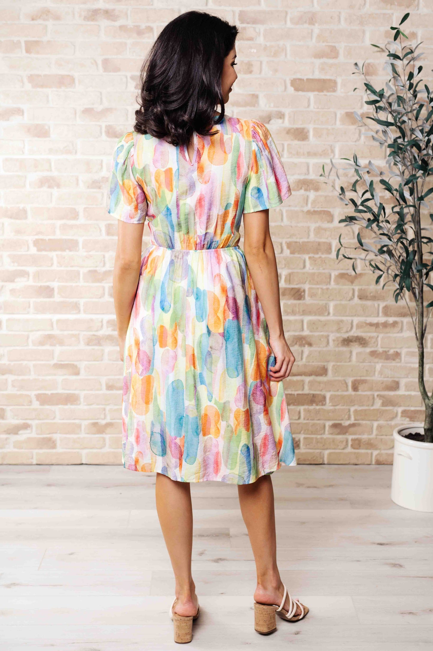 Yuna Watercolor Print Dress - Rounded Neckline, Elastic Waist, Keyhole Closure, Midi Length
