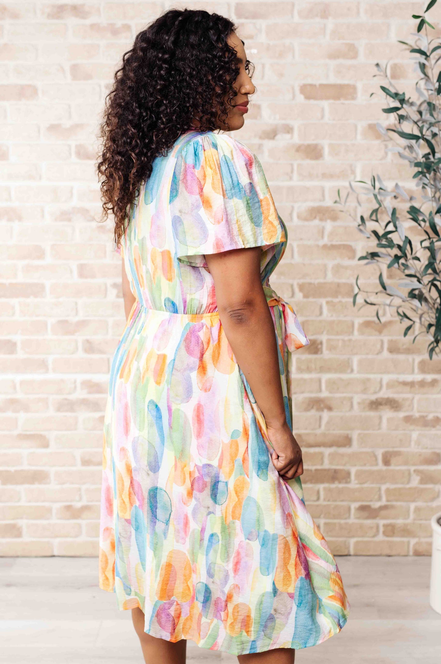 Yuna Watercolor Print Dress - Rounded Neckline, Elastic Waist, Keyhole Closure, Midi Length