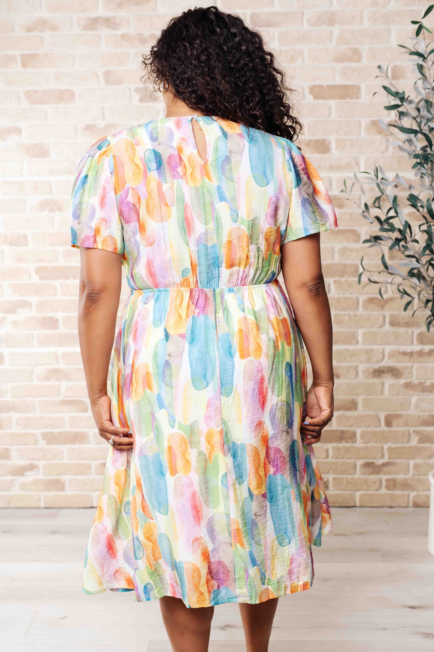 Yuna Watercolor Print Dress - Rounded Neckline, Elastic Waist, Keyhole Closure, Midi Length