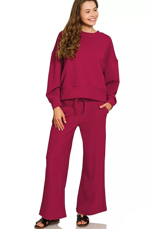 Jenny Cabernet ribbed lounge set front view, round neck pullover with drawstring pants.