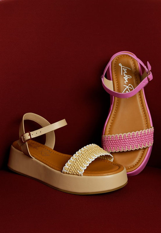 Anglong woven raffia flatform sandals with dual-tone woven vamp and open toe design in pink or beige.