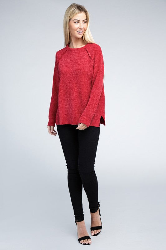 Dark red round neck chenille sweater with long raglan sleeves, relaxed fit, and hip-length cut.