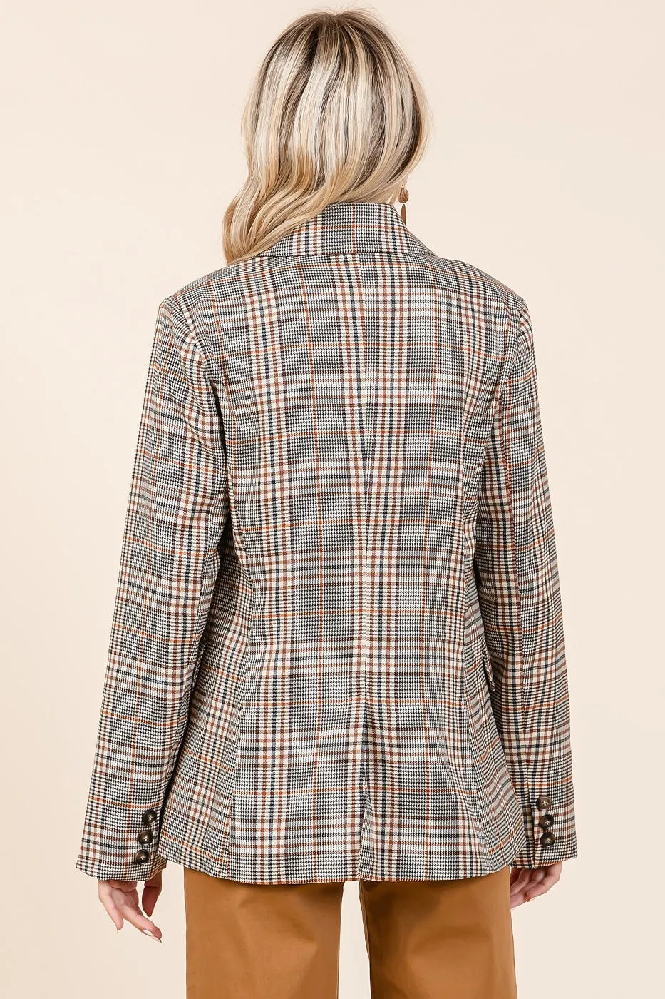 Back view of the Lennon Plaid Blazer highlighting the plaid pattern and tailored cut