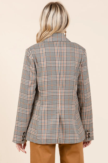 Back view of the Lennon Plaid Blazer highlighting the plaid pattern and tailored cut