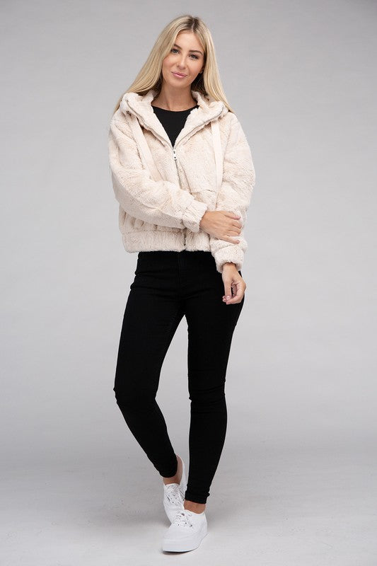 Cropped taupe zip-up fluffy teddy hoodie with a drawstring hood, long sleeves, and front pockets.