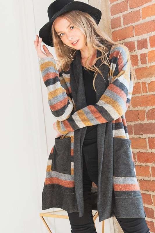 Front view of Vinni Plus Size Cardigan highlighting open-front design with black trim and knee length