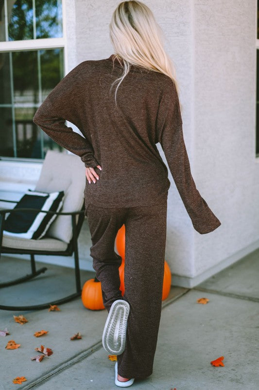 Back view of Brooke Ribbed Lounge Set in brown, ribbed knit fabric with relaxed drape