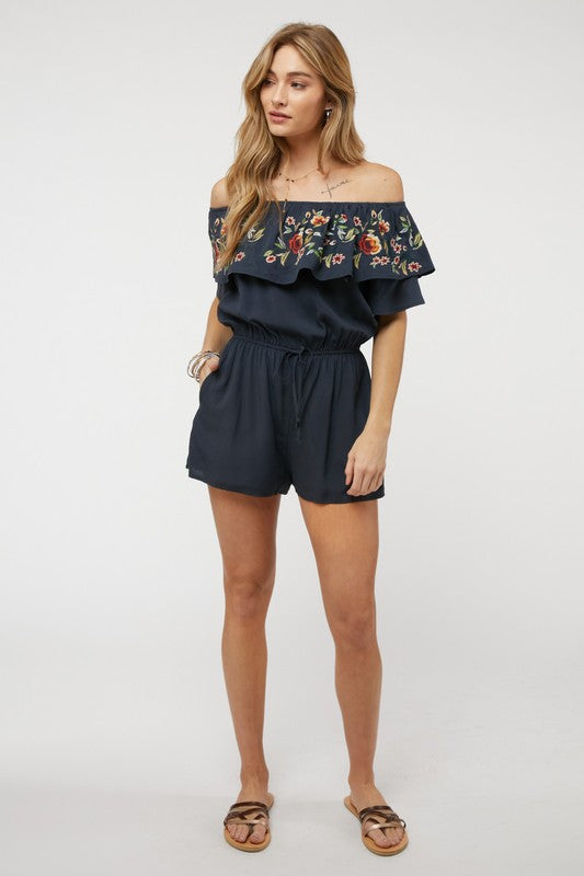 Kenzy Floral Embroidered Off Shoulder Romper