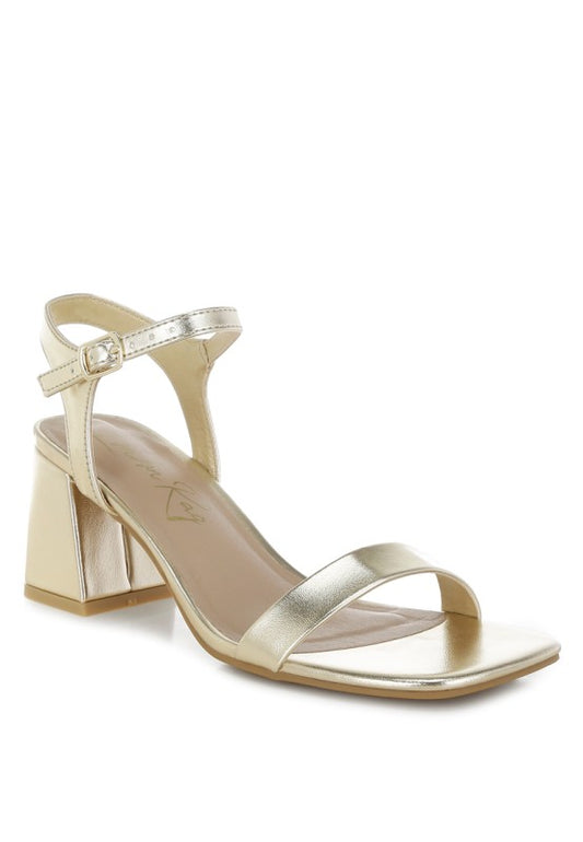 Front angle of Kazara Metallic Block Heels with open square toe design.