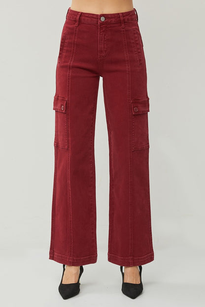 Front view of Rafaela wine wide leg cargo jeans with high rise fit and relaxed wide leg cut.