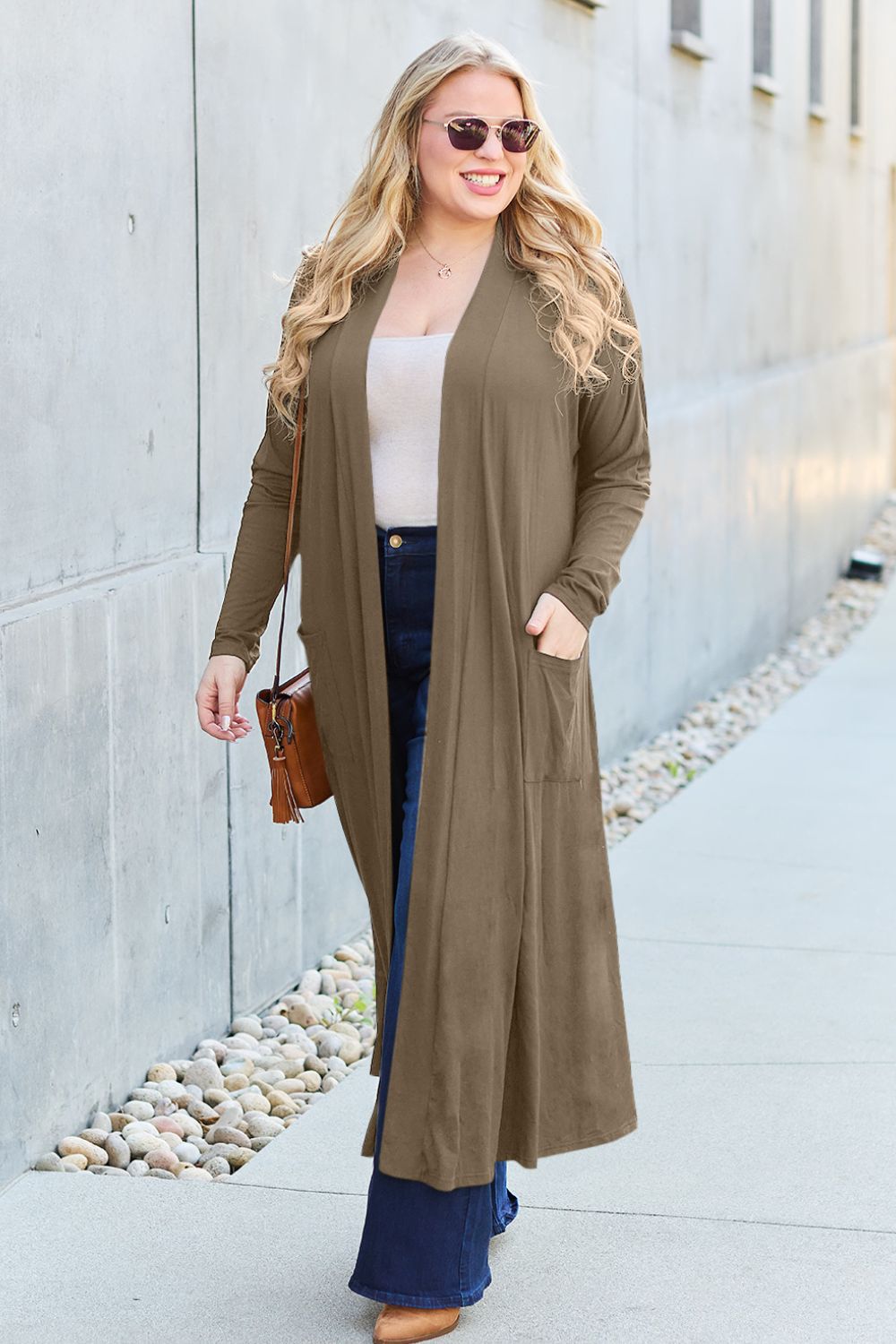 Chestnut open-front long-sleeve cover-up with a flowy design and pockets, perfect for layering on breezy days.