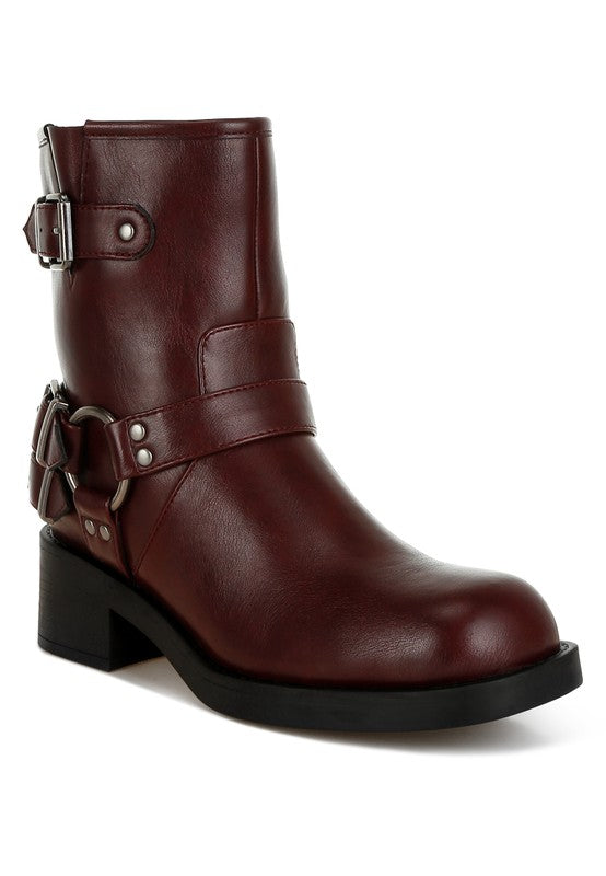 Burgundy Caribou Biker Boots front angle with harness strap detail and block heel.