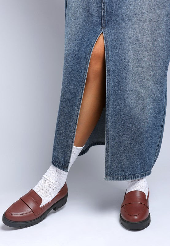 Peridot Chunky Loafers in burgundy showing heel height and anti-skid lug sole.