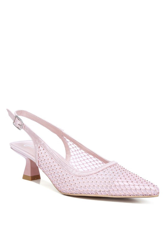Pink rhinestone slingback mules with pointed toe and kitten heel.