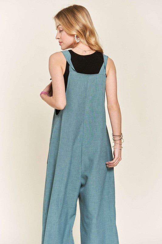 Lissa Knotted Wide Strap Wide Leg Overalls - Air Force Blue, Pockets, Trendy Fit