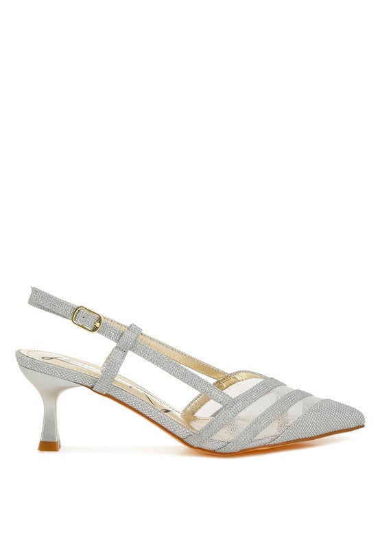 Side profile of Silver Daldra Kitten Heel Slingback Sandals with glitter fabric, pointed toe, and low kitten heel
