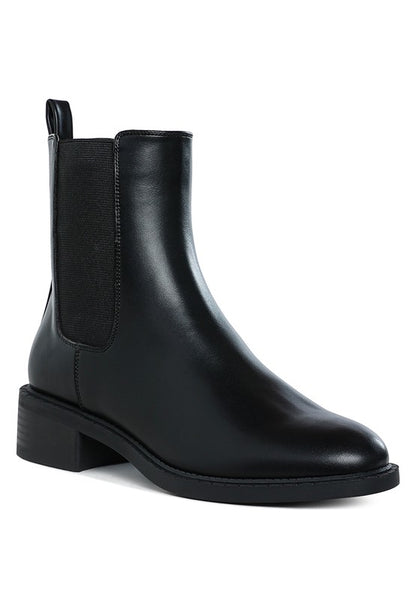 Front angle of Tripoli Stacked Heel Chelsea Boots in vegan leather with elastic gussets and round toe.