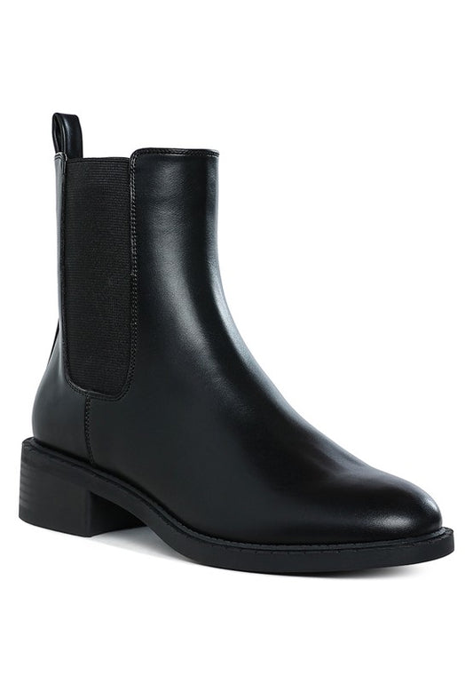 Front angle of Tripoli Stacked Heel Chelsea Boots in vegan leather with elastic gussets and round toe.