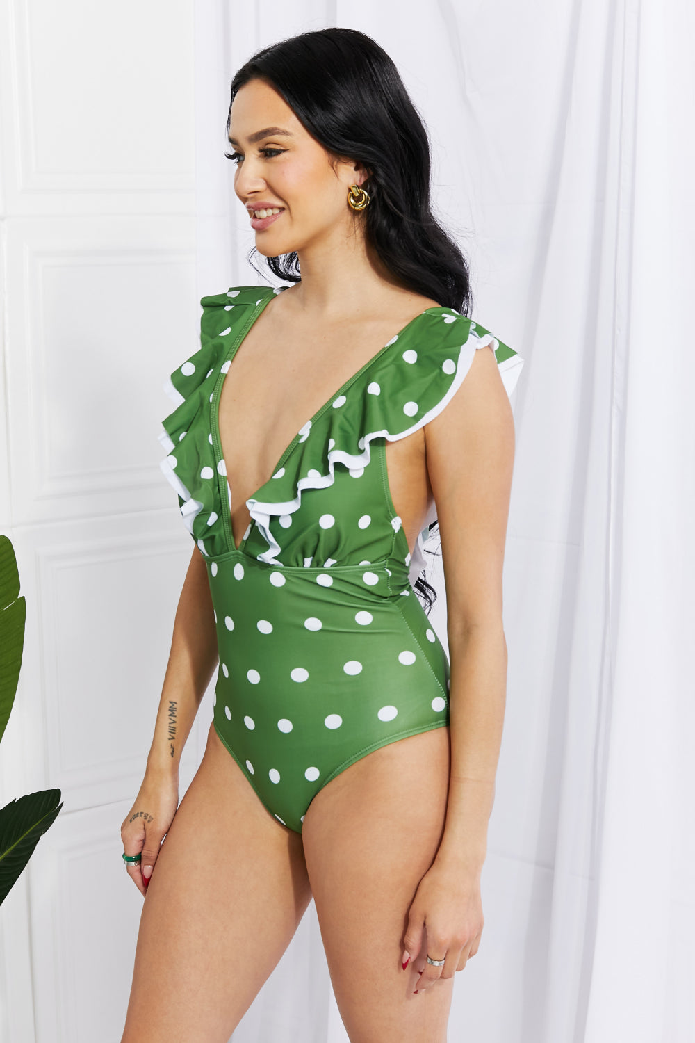 Moonlit Dip Ruffle Plunge Swimsuit in Mid Green By Marina West Swim