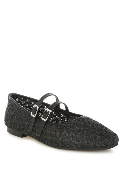 Front angle of Warena Pin Buckle Ballerinas in black, raffia and faux leather design with square toe