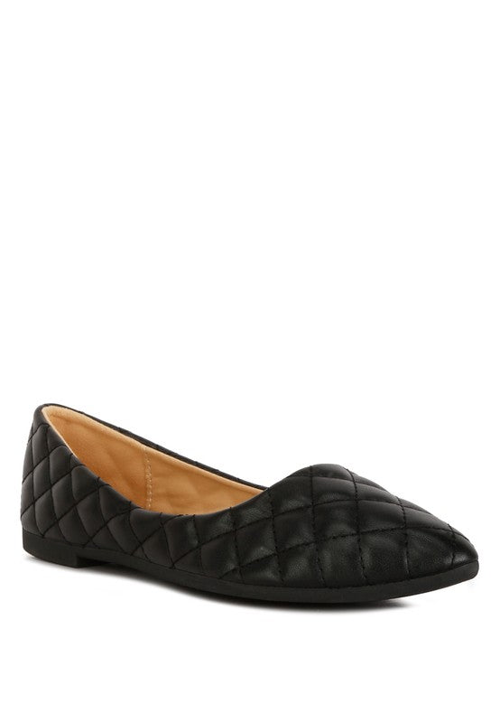 Front angle view of black quilted ballet flats with closed toe.
