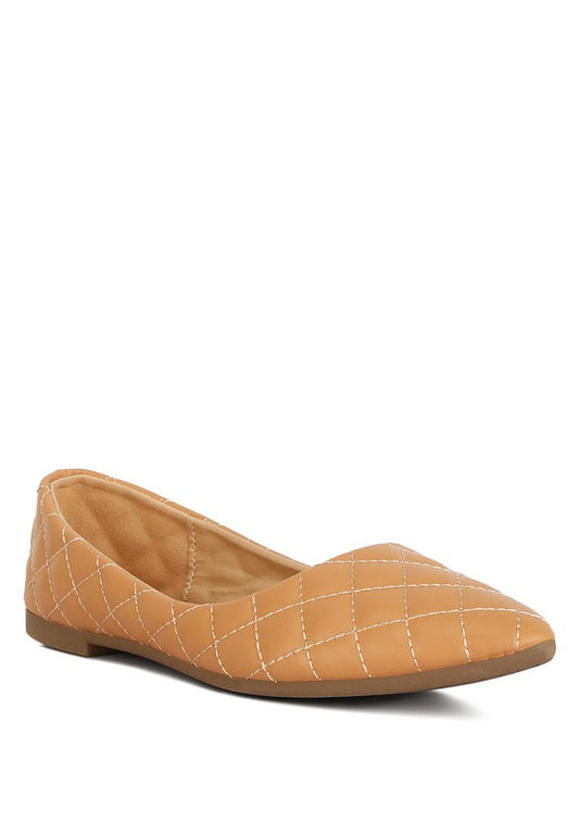 Beige quilted ballet flats front angle view with pointed toe.
