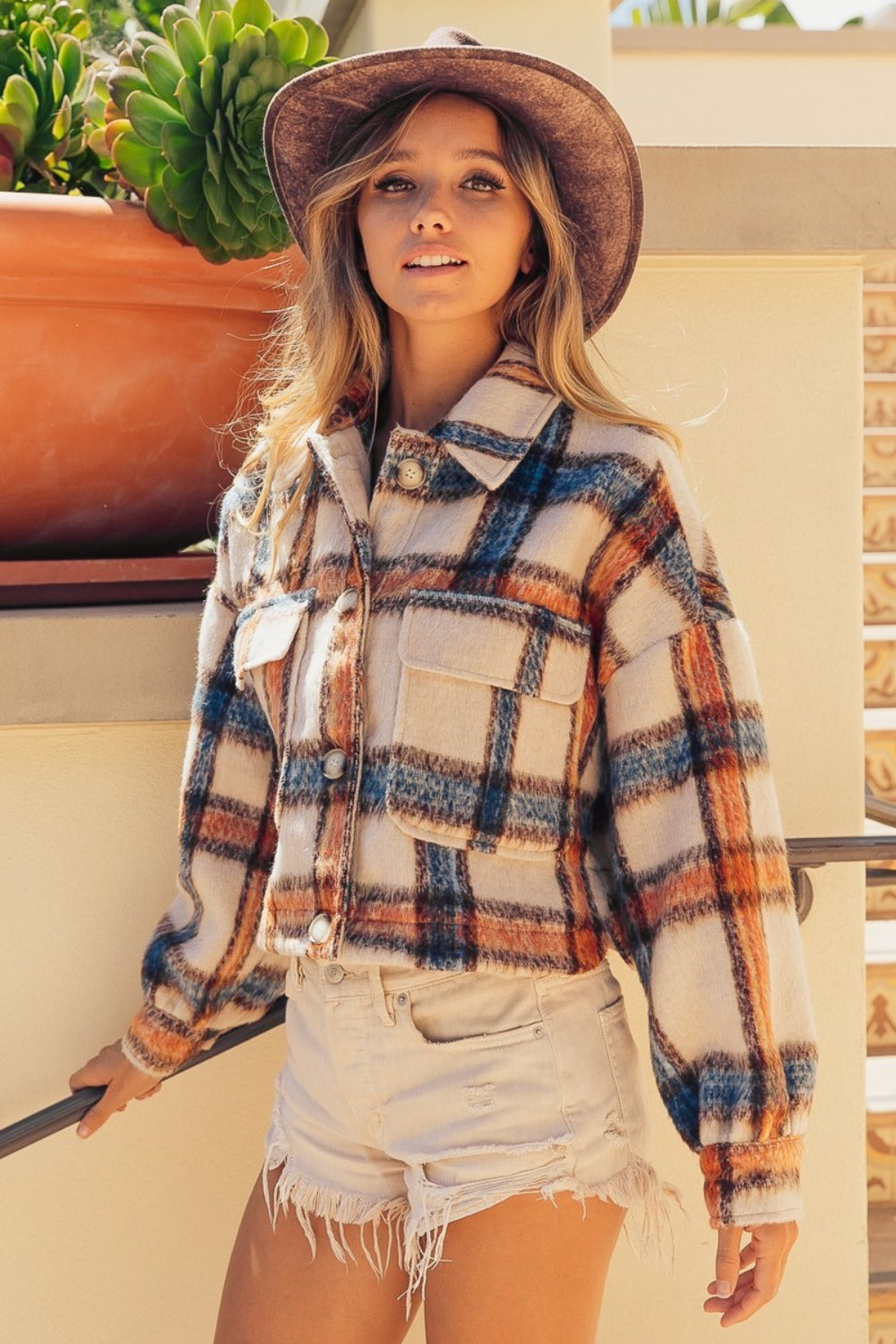 Gabby Brushed Plaid Crop Jacket with Pockets