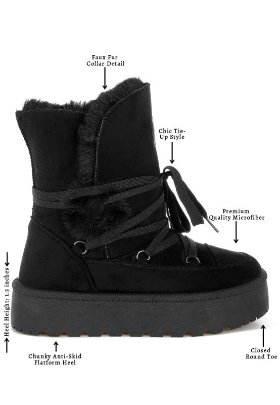 Product overview of Black Noaya Chunky Faux Fur Snow Boots outlining details of boots.