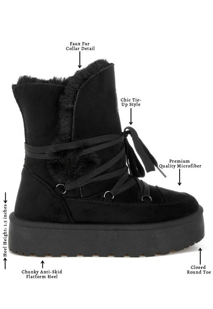Product overview of Black Noaya Chunky Faux Fur Snow Boots outlining details of boots.
