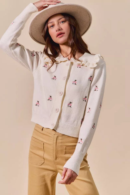 Billie Floral Sweater Cardigan cream front view with collared neckline and embroidered pink flowers