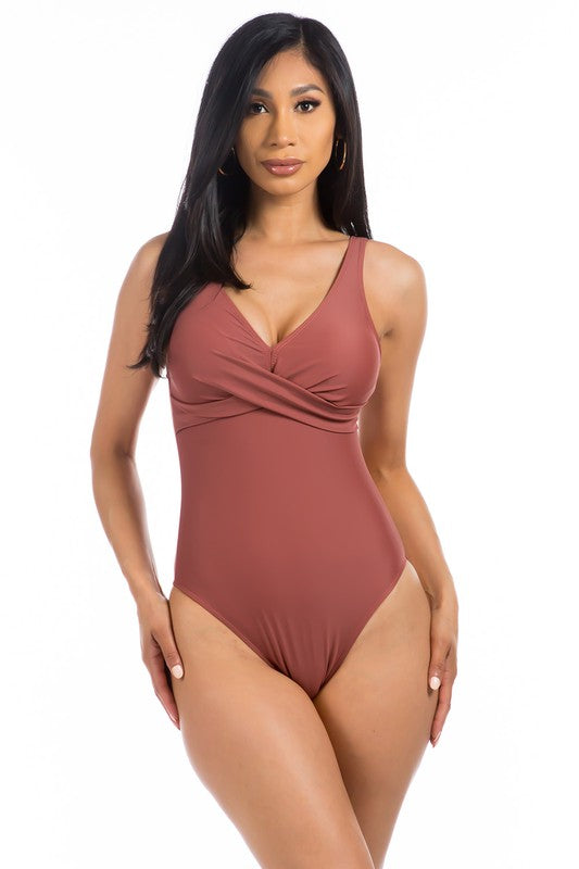 Lucky Pleated Cross Gathering Neckline One Piece Swimsuit