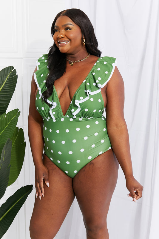 Moonlit Dip Ruffle Plunge Swimsuit in Mid Green By Marina West Swim