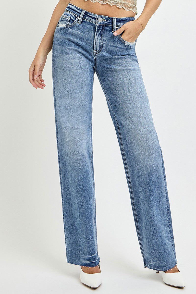 Risen Dana High Rise Straight Leg Jeans in medium wash, featuring a flattering high-waisted fit, slightly stretchy fabric, and versatile straight-leg silhouette.