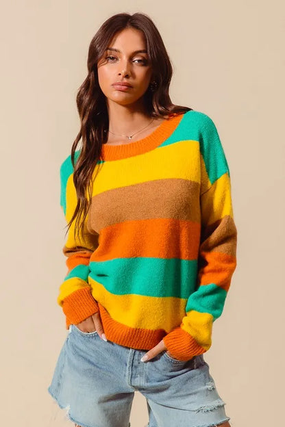 Full body outfit with Sunny Multi Color Stripe Sweater styled with jeans, ribbed texture visible.