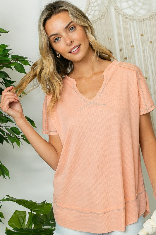 Quinny Solid Waffle V Neck Top