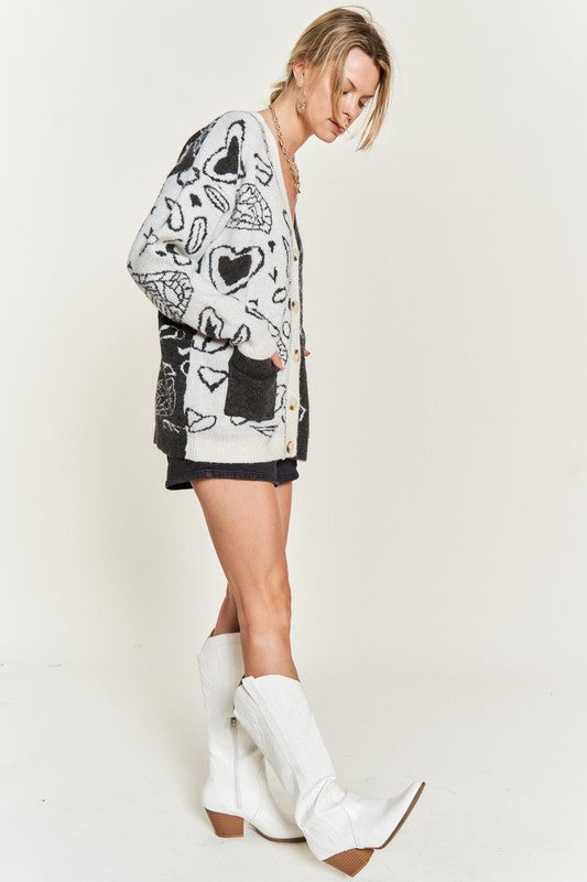 Dafni Heart Paisley Cardigan - Plus SIze, Color Block, Oversized Fit, Drop Shoulder