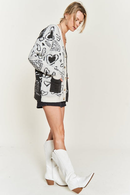 Dafni Heart Paisley Cardigan - Plus SIze, Color Block, Oversized Fit, Drop Shoulder