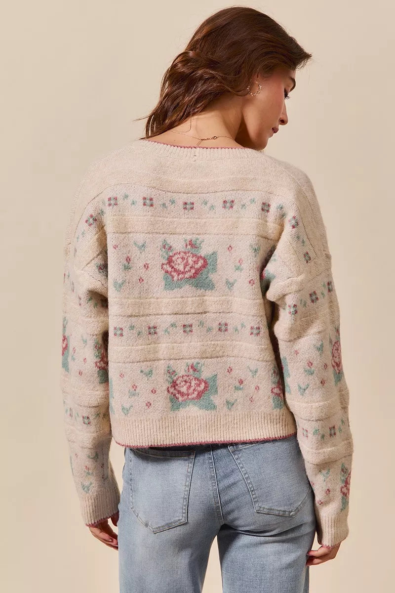 Sonny Floral Pattern Beige Cardigan – Back view showing floral design.