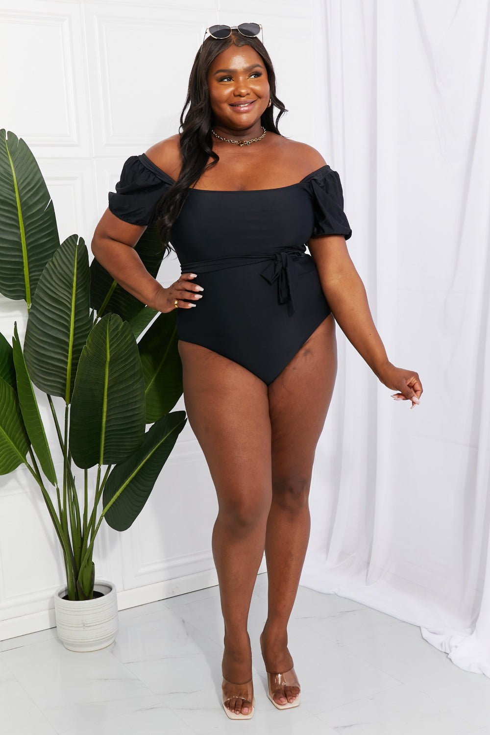 Brela Salty Air Puff Sleeve One-Piece in Black